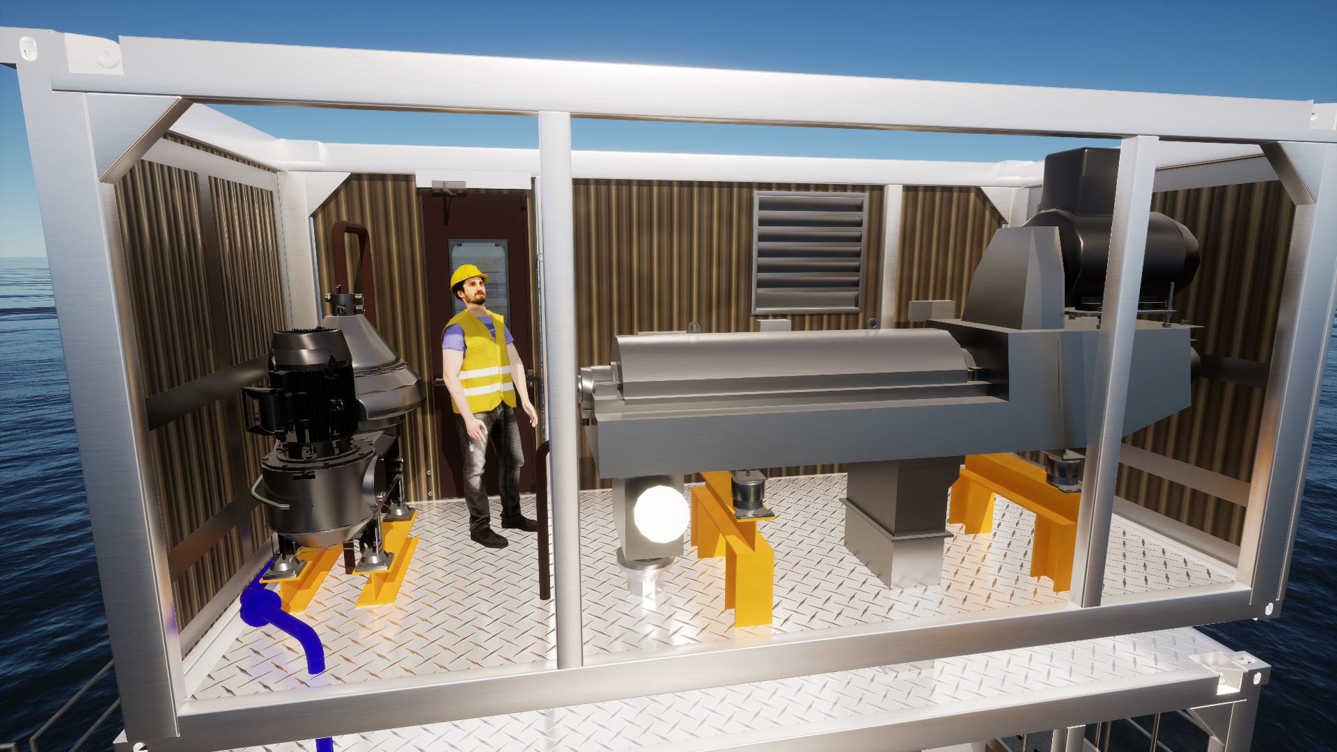 Upper container close-up with decanter centrifuge and separator