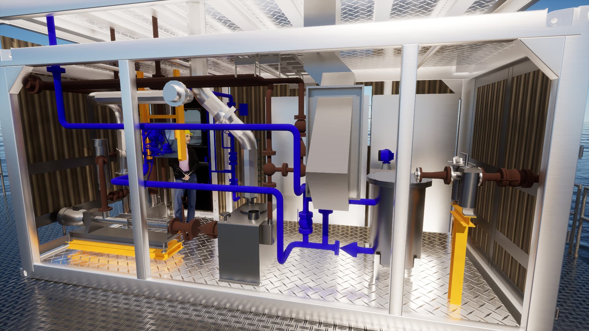 Lower container close-up with pumps, piping and tank