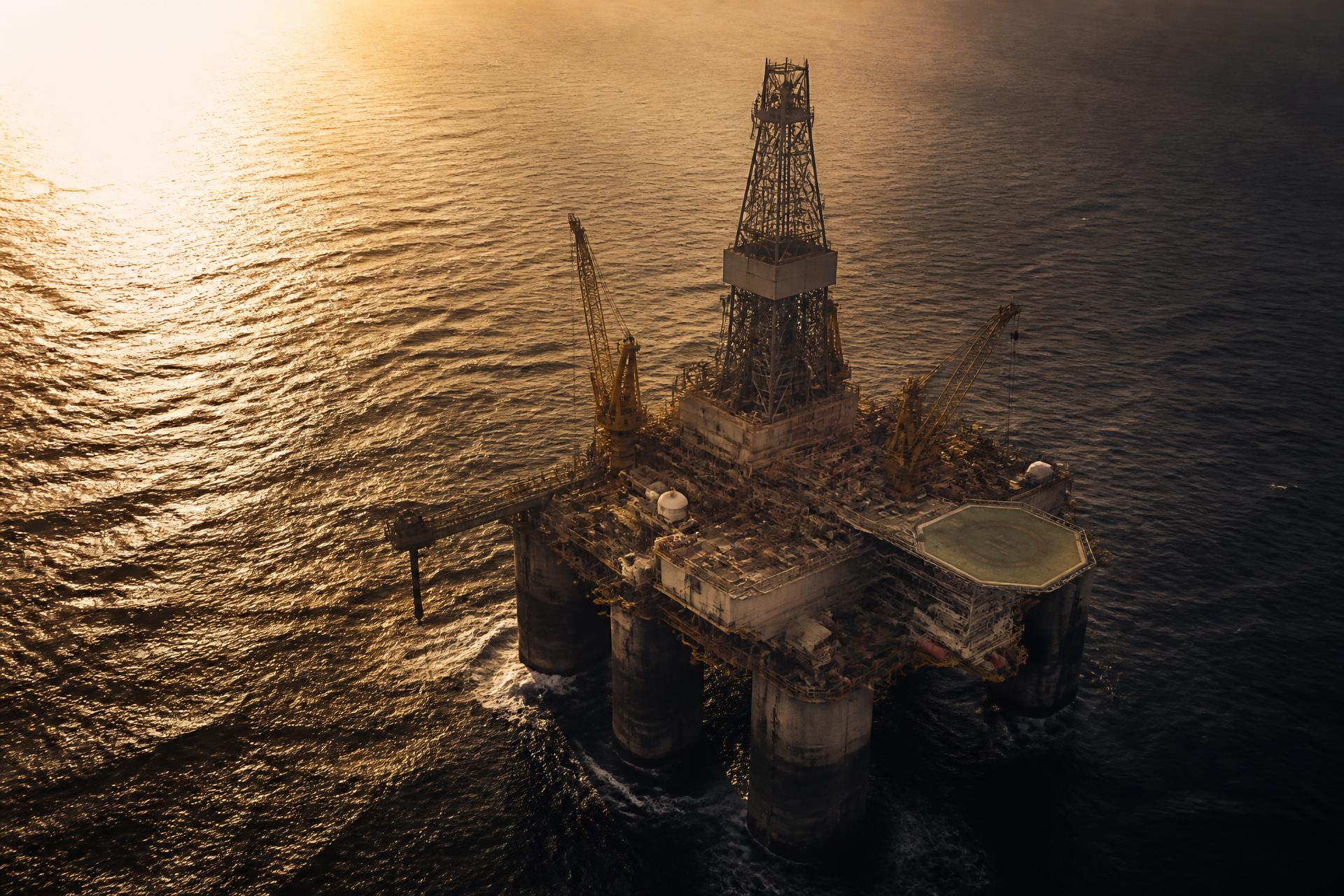 Offshore drilling platform at golden hour
